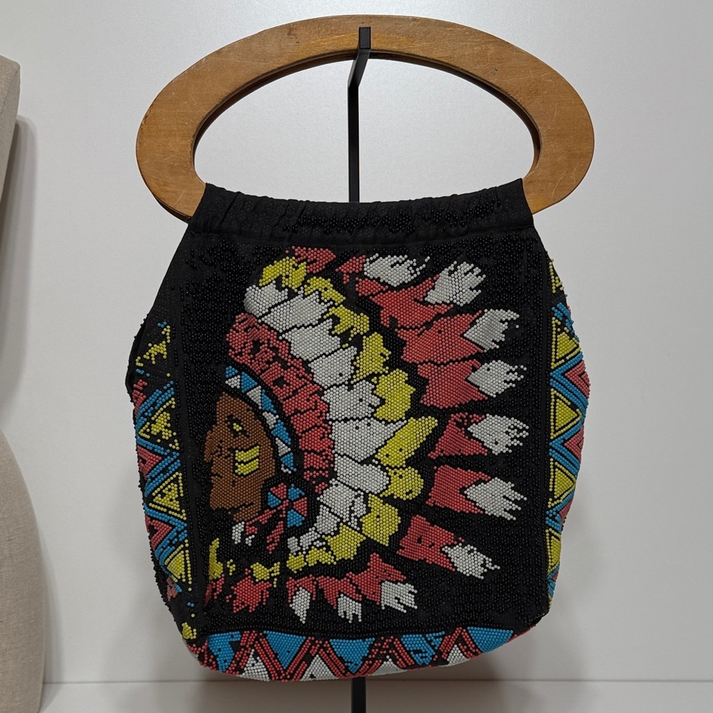 Vintage Beaded Native American Handbag with Wooden Handles